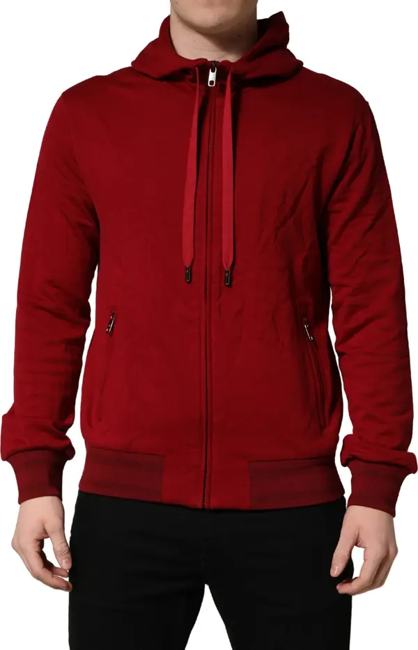 Red Cotton Full Zip Fleece Men Hoodie Sweater