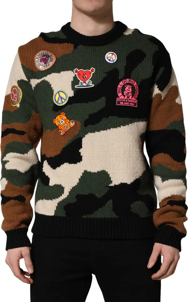 Multicolor Intarsia Knit Camouflage Pullover Sweater