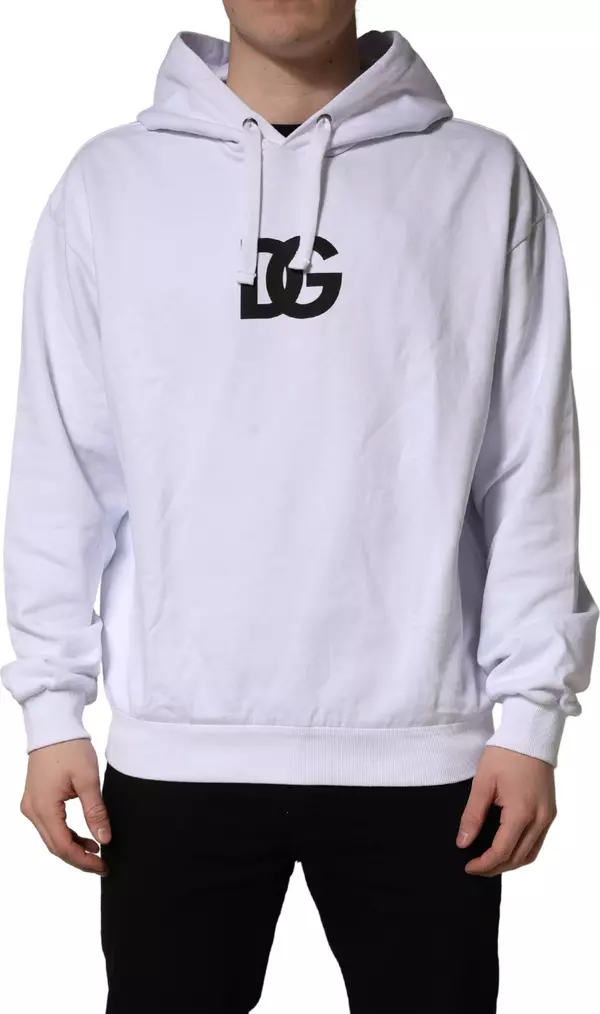 White Logo Print Cotton Hooded Sweatshirt Sweater