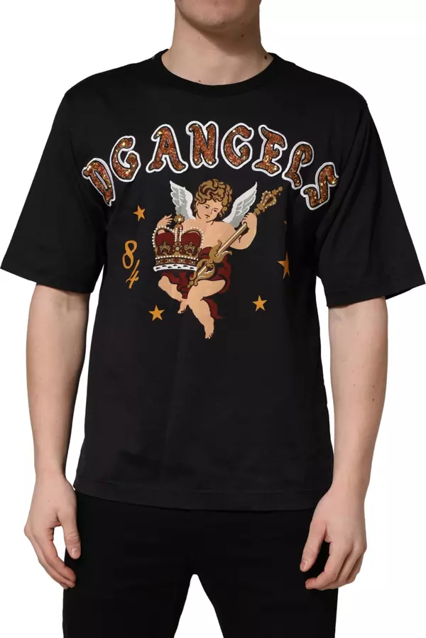 Black Angel Print Cotton Crew Neck T-shirt