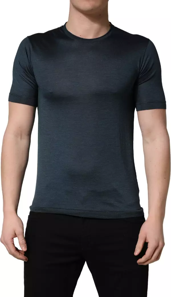 Dark Blue Silk Crew Neck Short Sleeve T-shirt