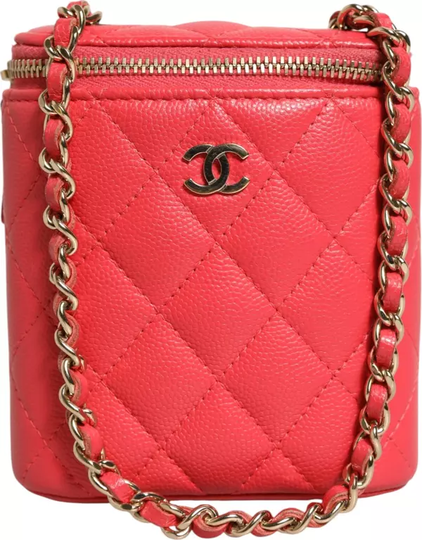 Red Caviar Quilted Small Vertical Coco Beauty Vanity Case with Chain