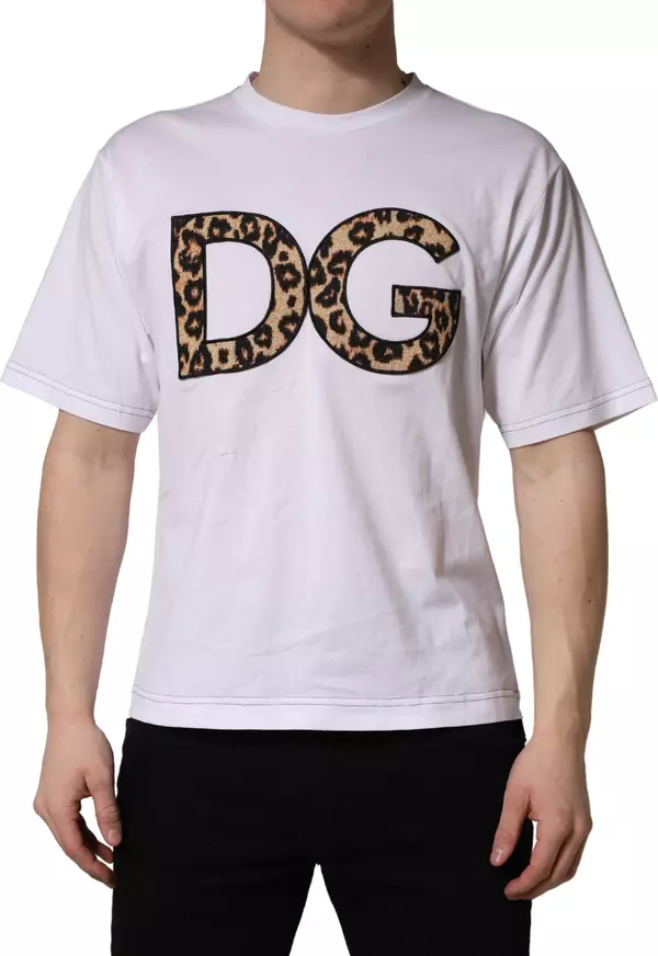 White Leopard Print DG Logo MenCotton T-shirt