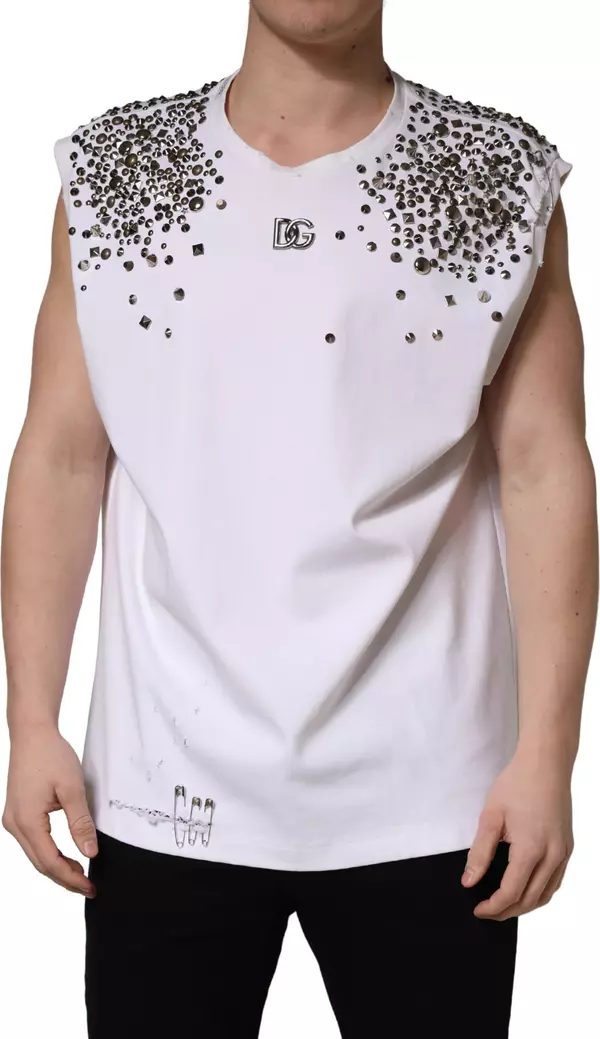 White Rhinestones Sleeveless Round Neck T-shirt