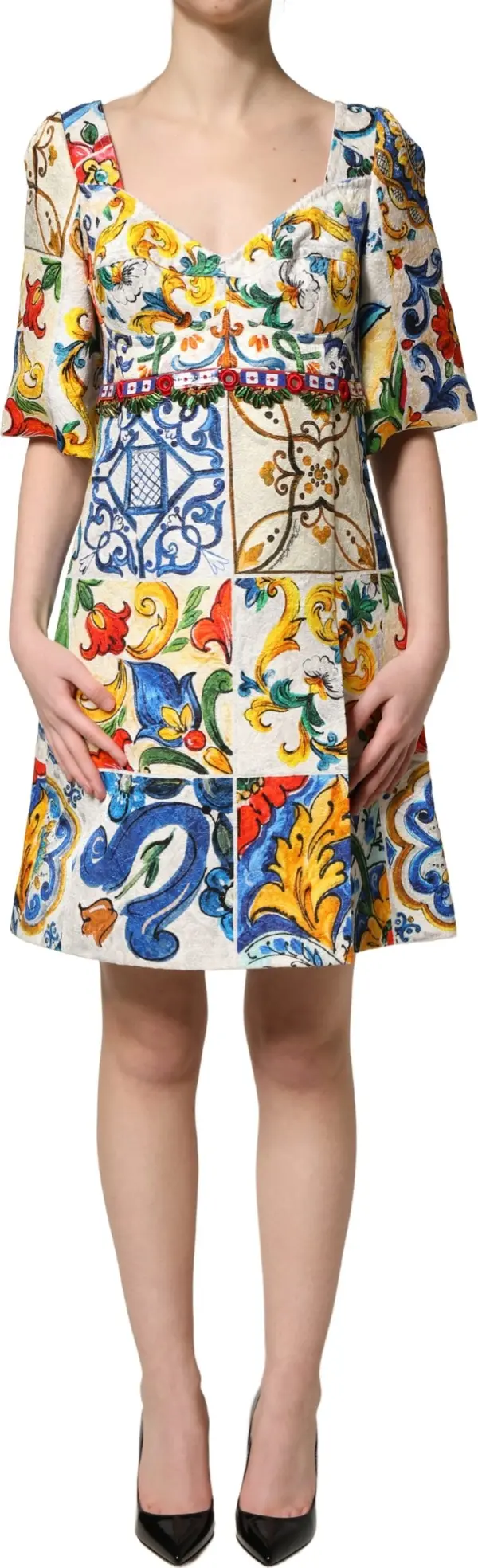 Multicolor Majolica Print Cotton Mini Dress