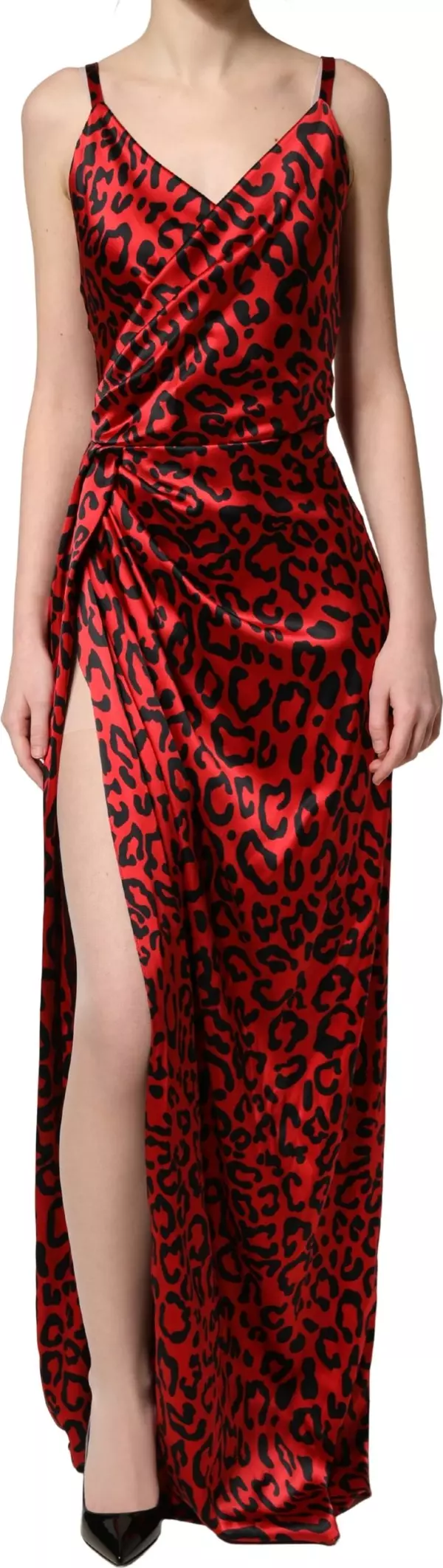 Red Leopard Print Silk Side Slit Maxi Dress