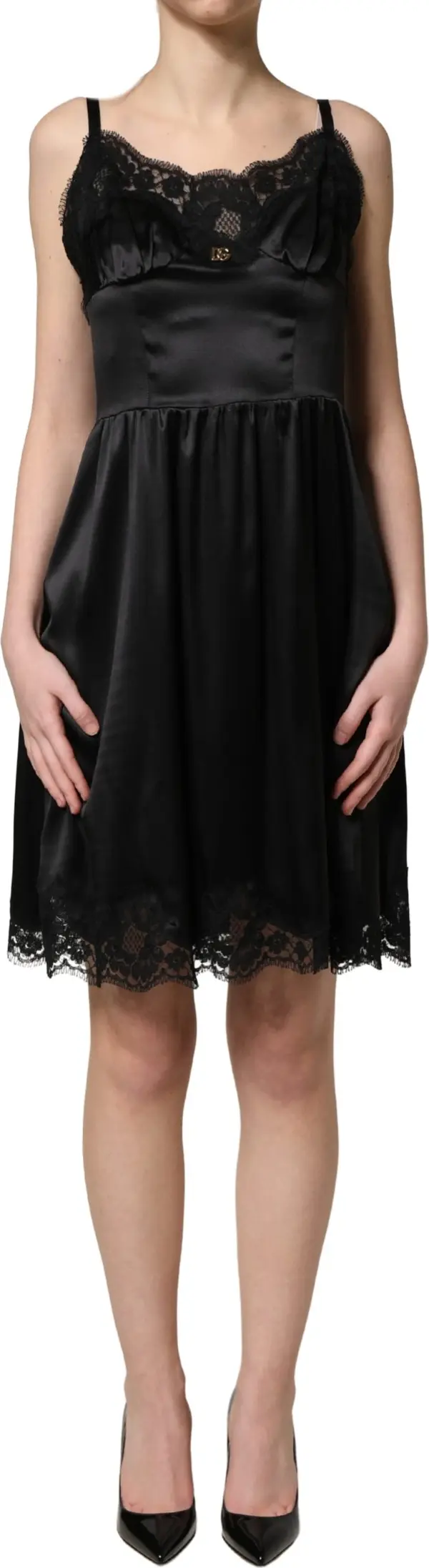 Black Silk Satin Lace Sleeveless Mini Dress