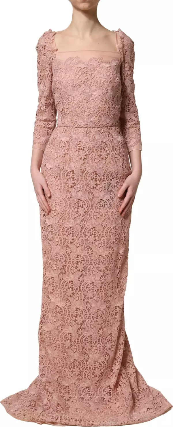 Pink Lace Long-Sleeved Evening Gown Dress
