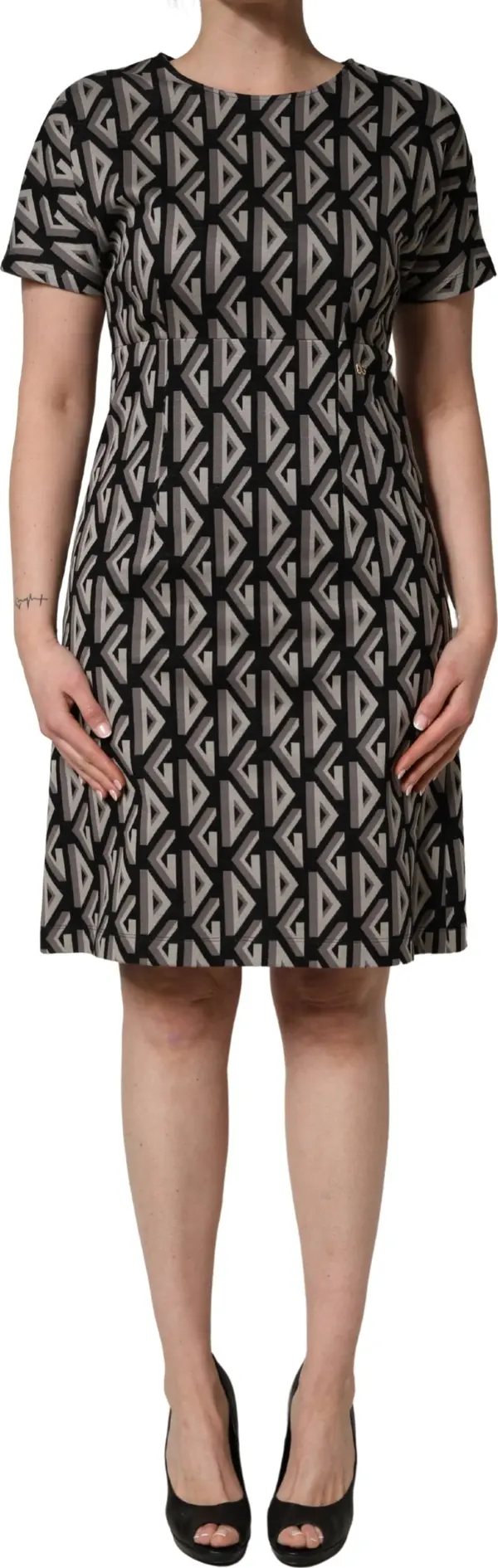 Black Logo Print Cotton Knee Length Dress