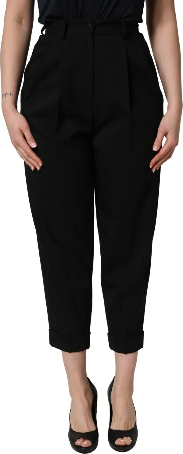 Black Wool High Waist Cropped Trouser Pants