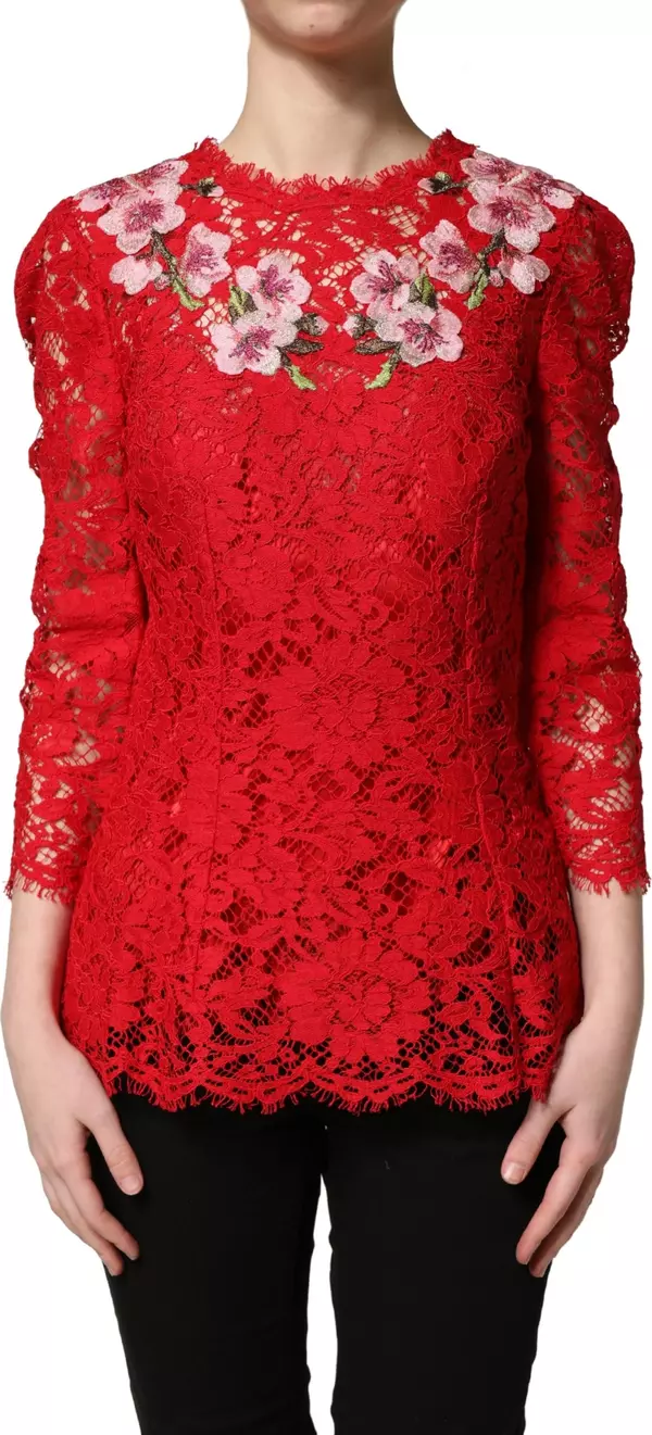 Red Lace Floral Embroidery Long Sleeves Top