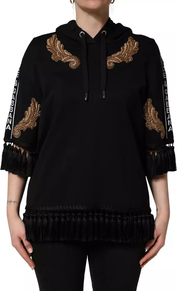 Black Embroidered Tassel Hooded Sweatshirt Sweater