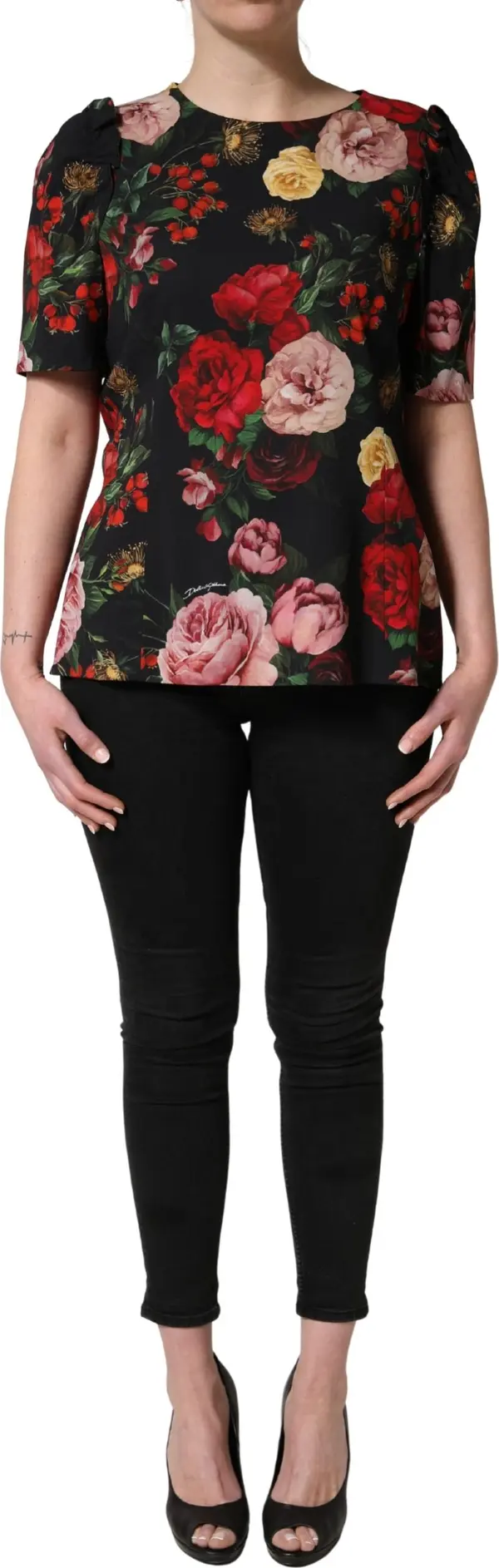Black Floral Crepe Frill Detail Blouse Top