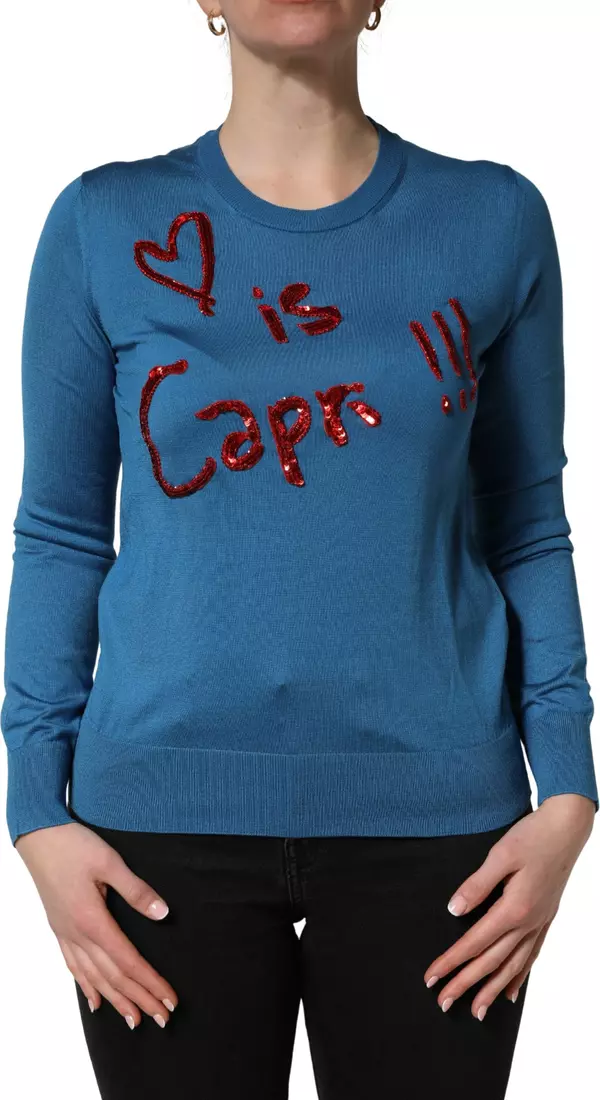 Blue Silk Sequined CrewNeck Pullover Sweater