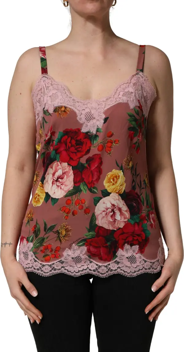 Brown Rose Print Satin Lace Camisole Tank Top