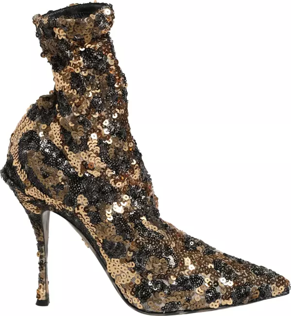 Gold Leopard Sequin Sock Ankle Boots Shoes