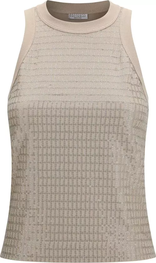 Beige Cotton Sleeveles T-Shirt