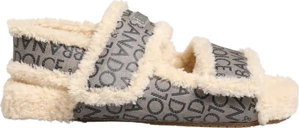 Beige Faux Fur Logo Print Flats Sandals Shoes