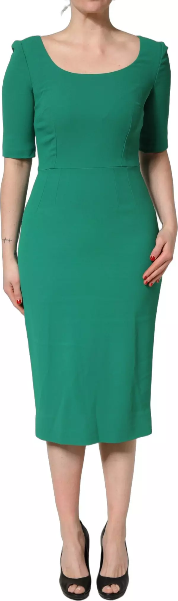 Green Short Sleeve Pencil Sheath Midi Dress