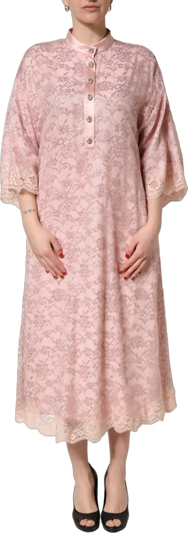 Pink Corded Floral Lace Kaftan Midi Dress