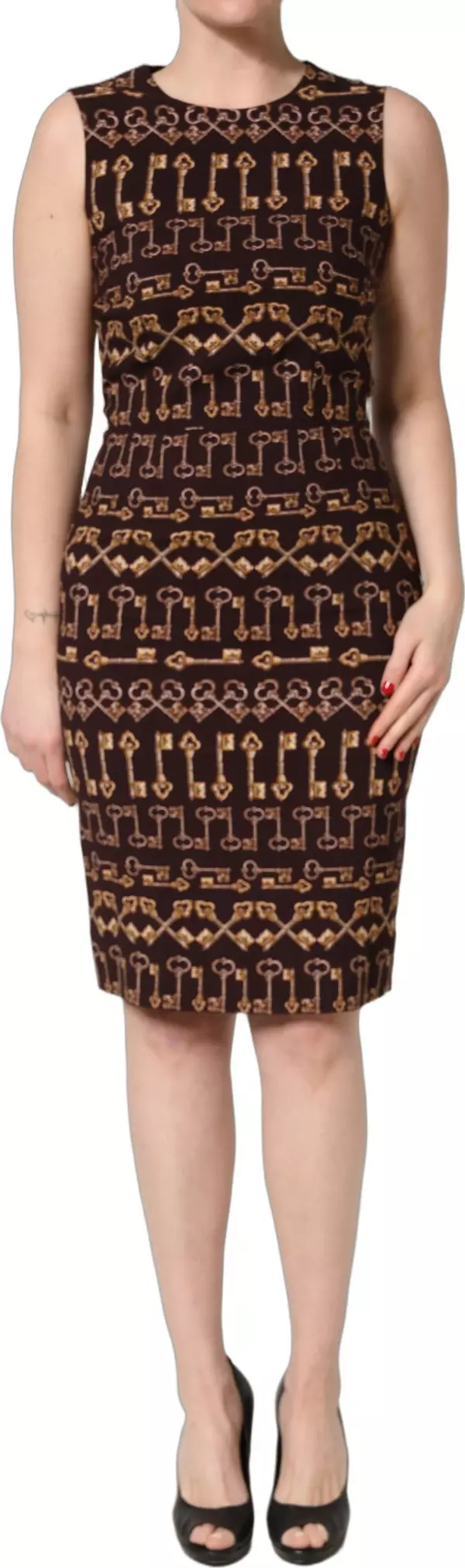 Brown Keys Fitted Sheath Knee Length Dress