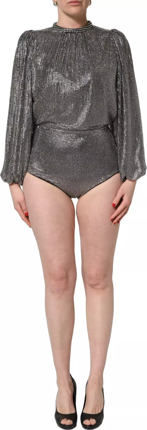 Silver Rhinestones Long Sleeves Bodysuit Mini Dress