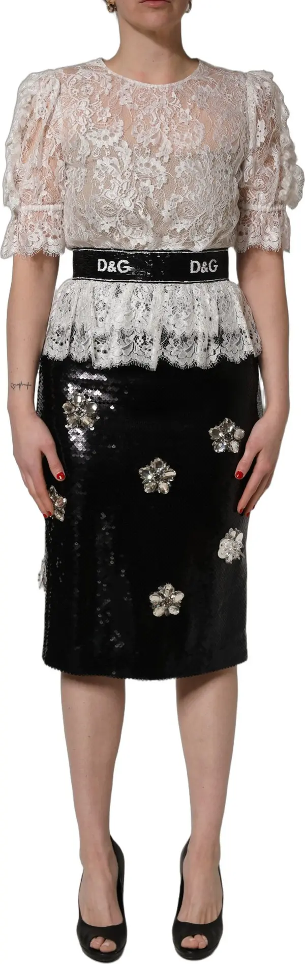 White Lace Top Embellished Black Skirt Dress
