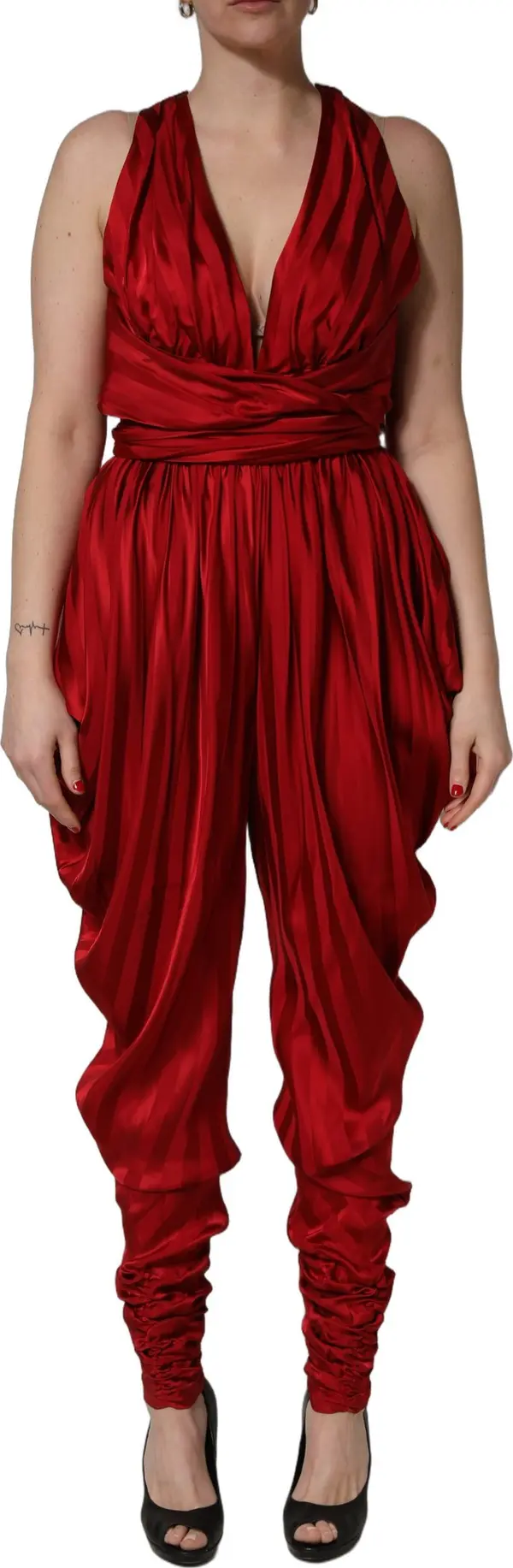 Red Plunging HalterNeck Draped Jumpsuit Dress
