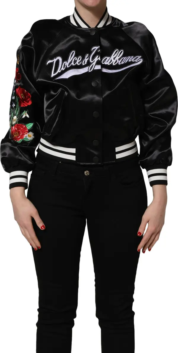 Black Satin Floral Embroidery Bomber Jacket