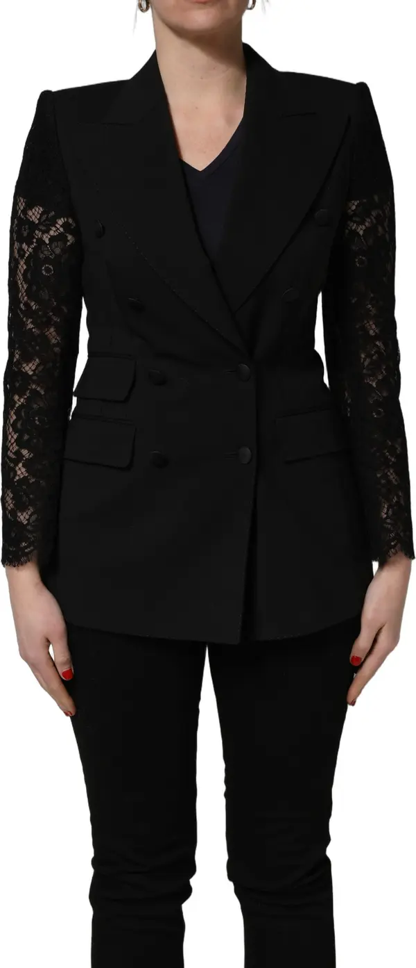 Black Wool DoubleBreasted Lace Sleeve Jacket
