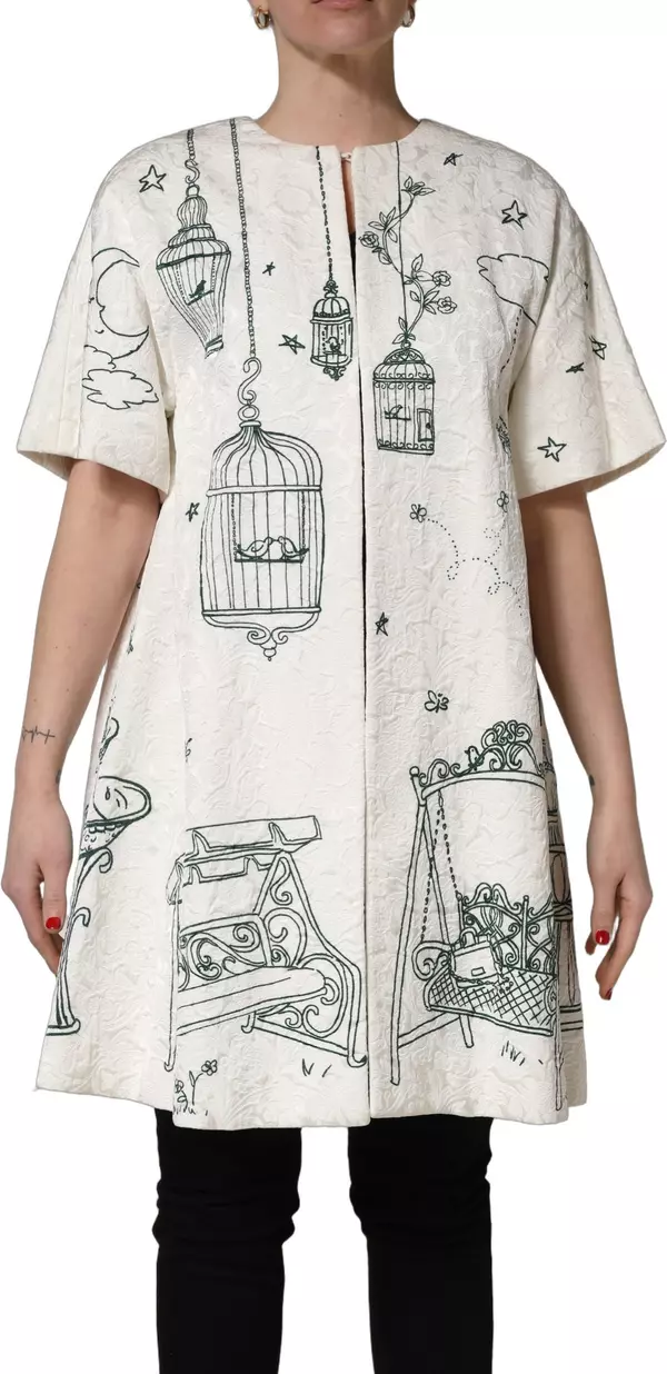 White Jacquard Garden Print Coat Jacket