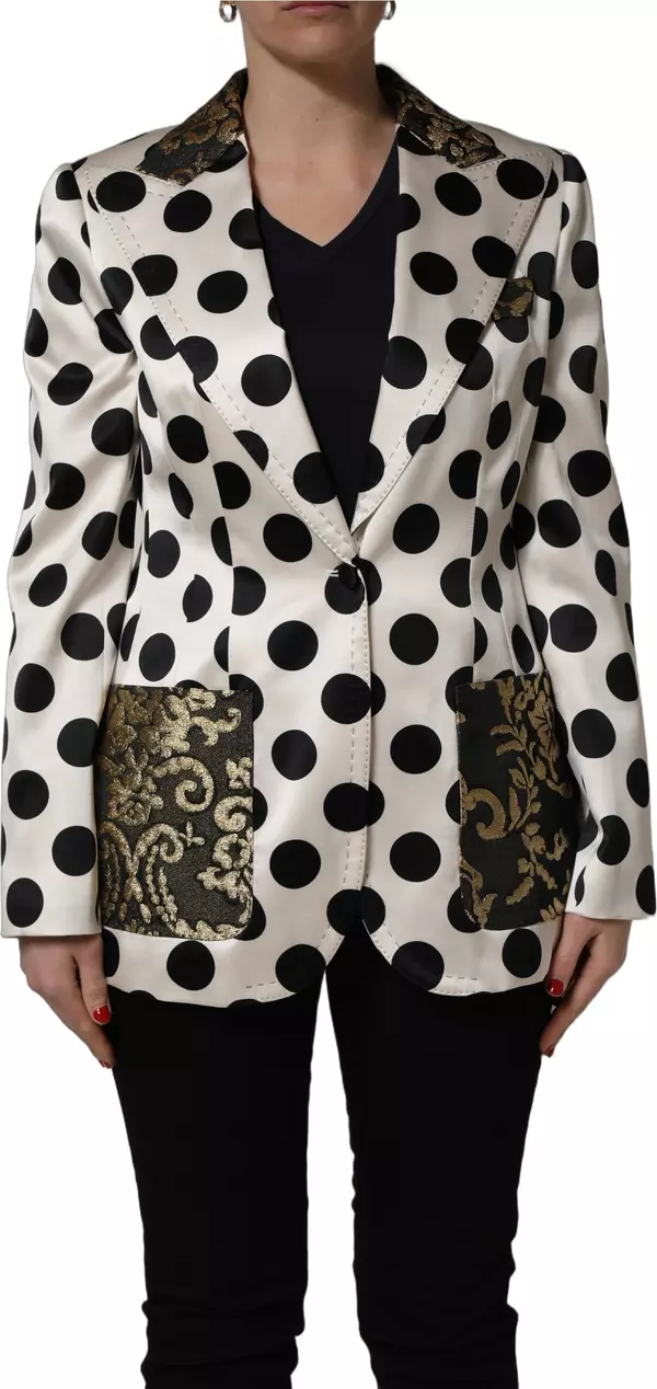 White Brocade Polka-Dot Print Blazer Jacket