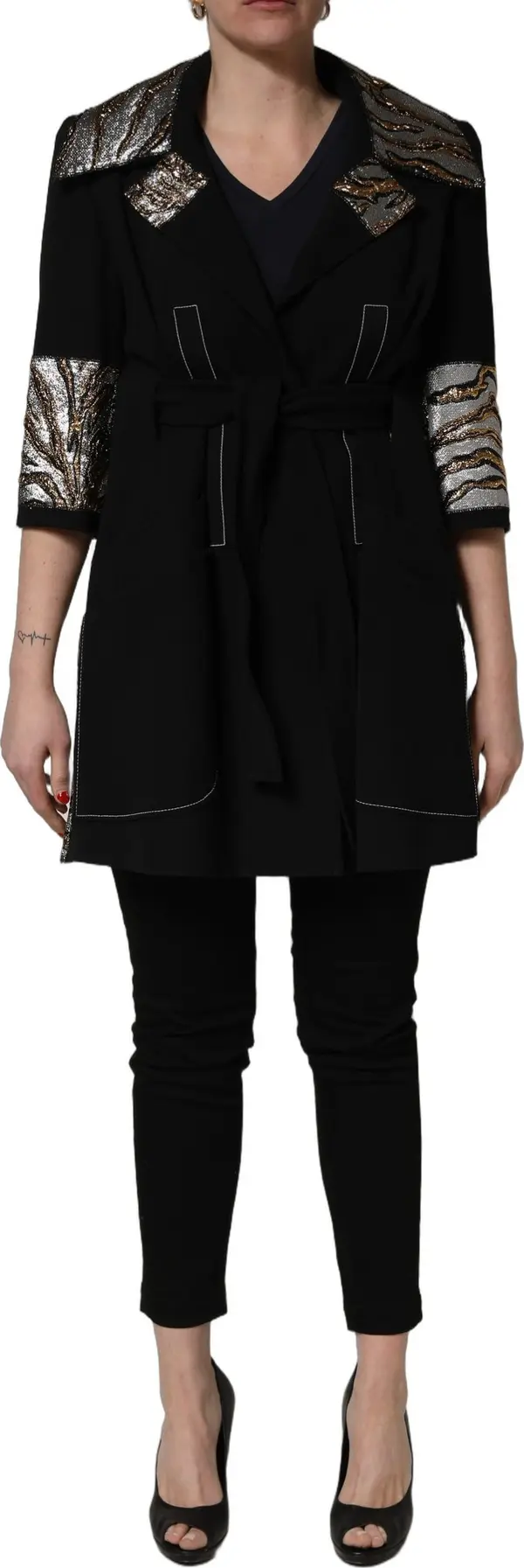 Black Single-Breasted Brocade Coat Jacket