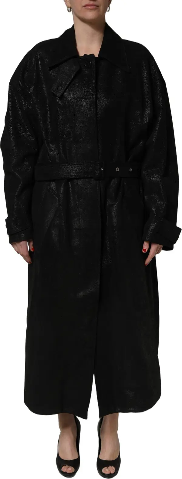 Black Belted Sheepskin Trench Coat Jacket