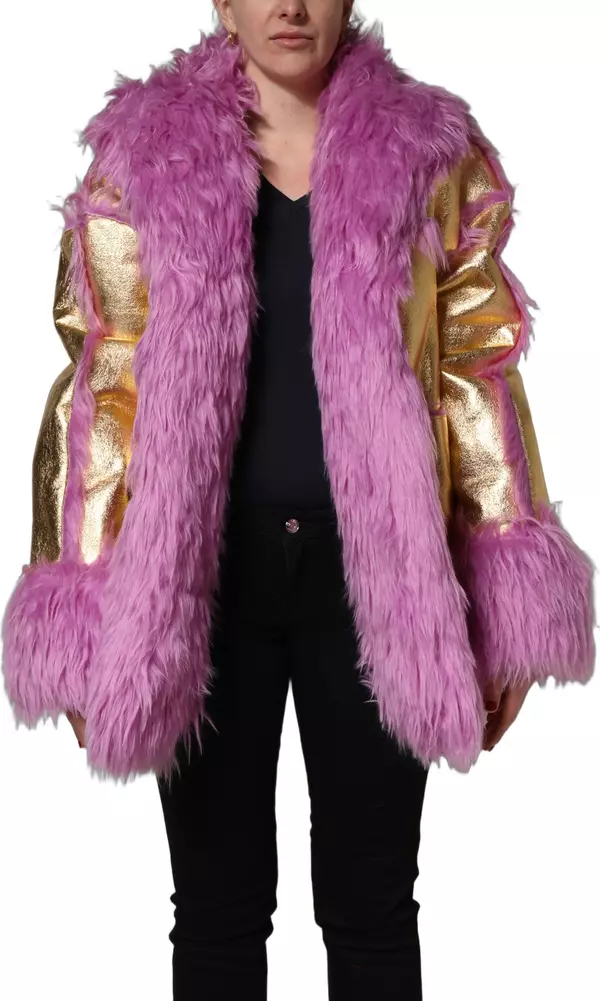 Pink Plush Faux Fur Gold Leather Coat Jacket