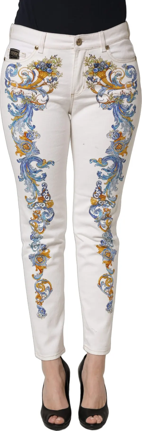 White Floral Print Skinny Denim Jeans