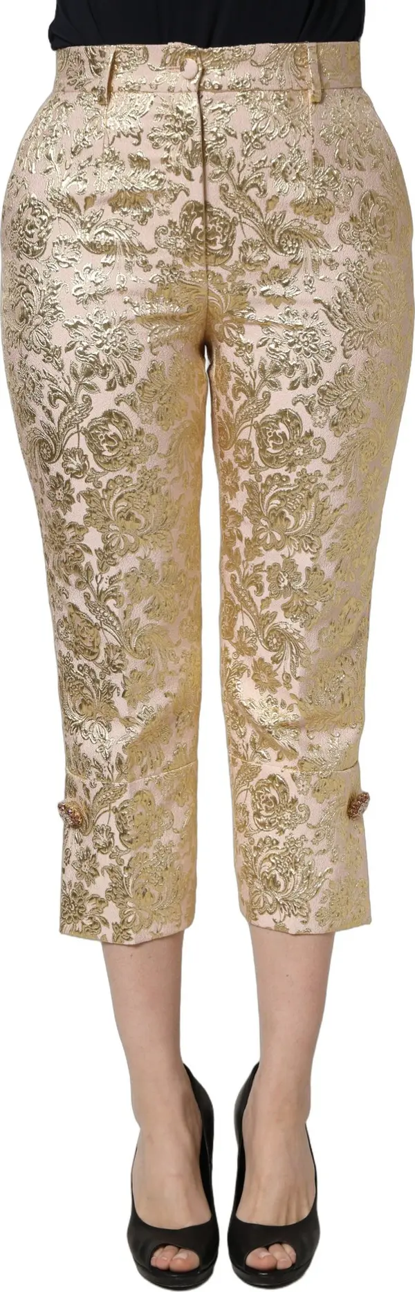 Gold Jacquard Floral Lamé Crop Trouser Pants