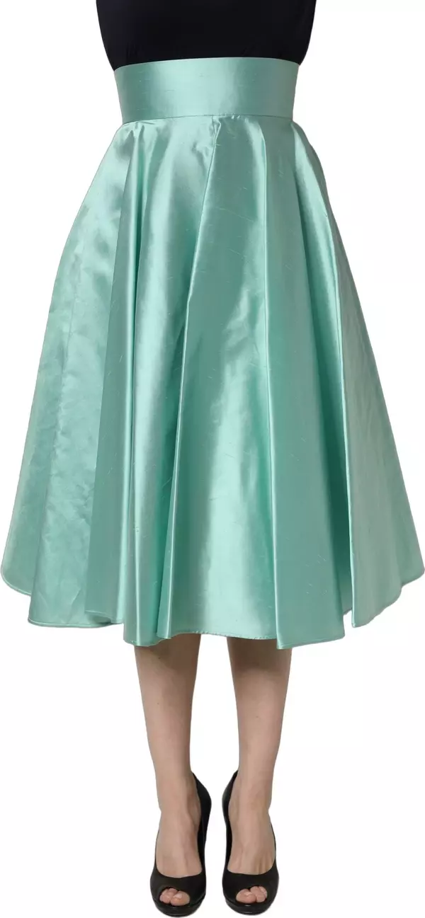 Green Satin High-Waisted Pleated A-line Midi Skirt