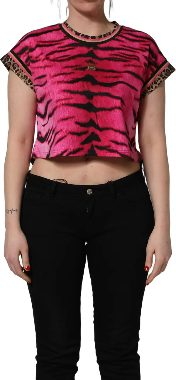 Pink Zebra Sleeveless Crew Neck Cropped T-shirt