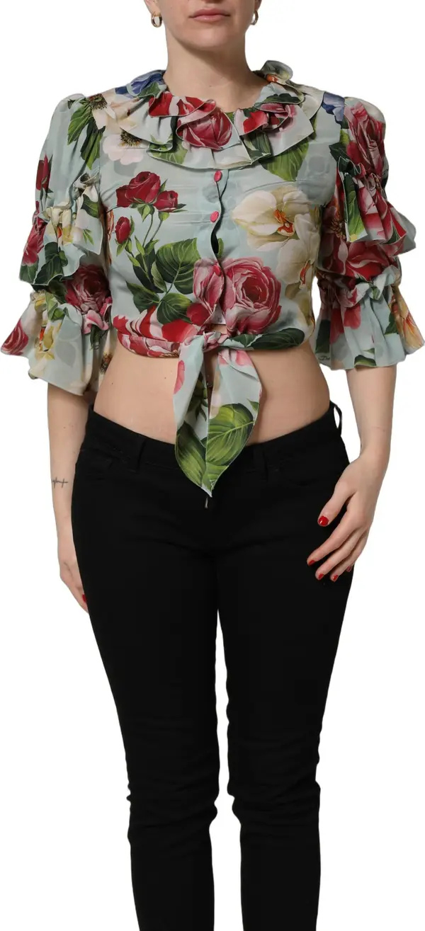 Multicolor Floral Silk Cropped Shirt Top