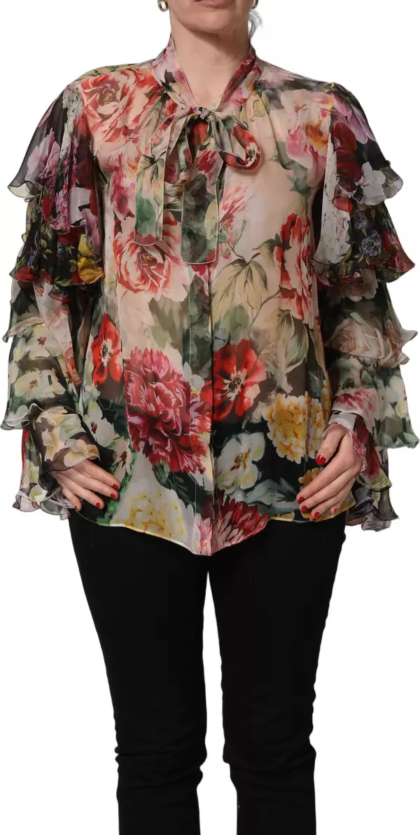 Multicolor Floral Tie-Neck Silk Chiffon Blouse Top