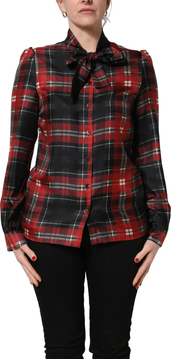 Red Black Plaid Silk Tie-Neck Blouse Top