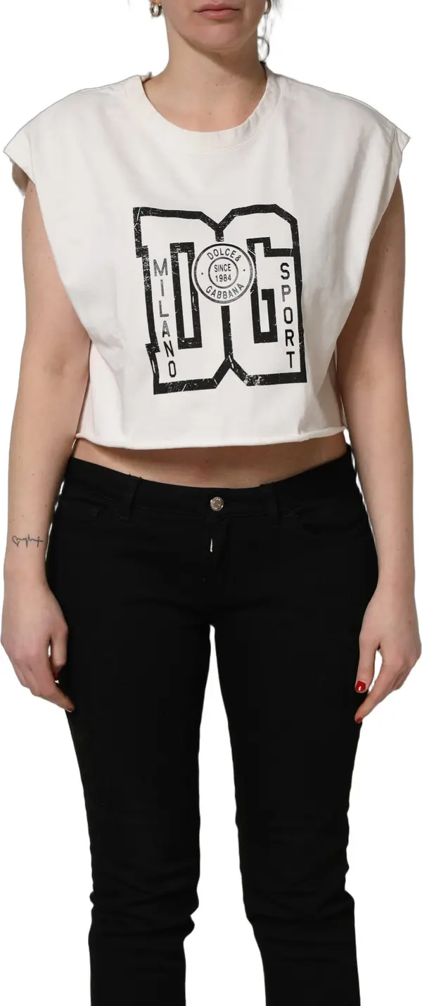 White Cotton DG Logo Print Cropped Jersey Top