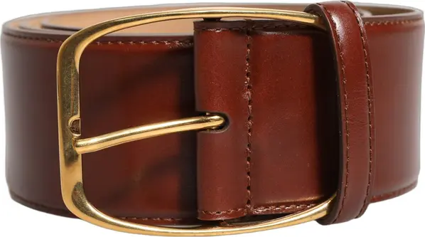 Brown Calfskin Leather Gold Metal Buckle Belt