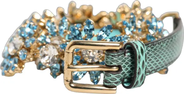 Green Leather Daisy Crystal Embellished Waist Belt