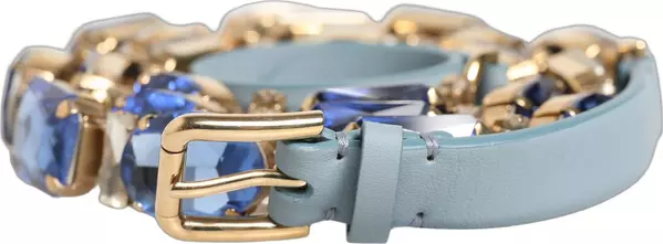 Blue Leather Crystal Chain Embellished Belt