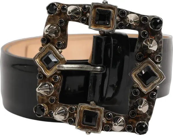 Black Leather Crystal Metal Buckle Belt