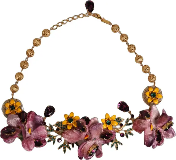 Gold Brass Mix Fiori Flowers Crystal Chain Necklace