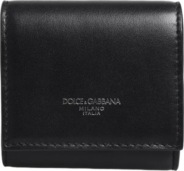 Black Calfskin Leather Logo Print Bifold CoinPurse Wallet