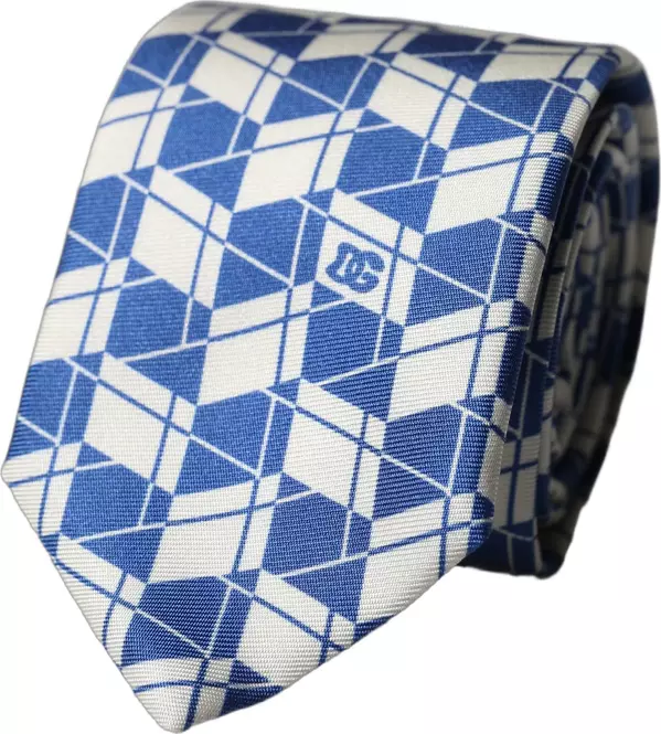 Blue White Geometric Silk Adjustable Men Tied Necktie Tie